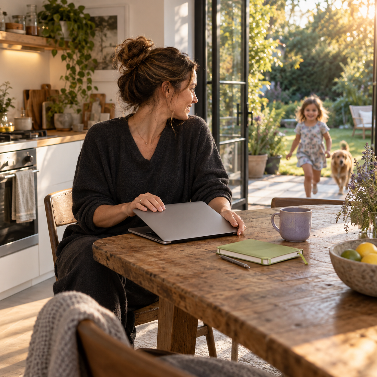 An independent professional closing her laptop as her child waits in the garden doorway